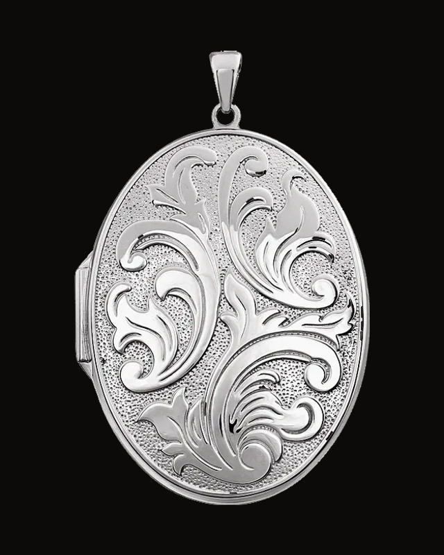 Engravable Embossed Oval Locket — Rhodium-Plated on Sterling Silver