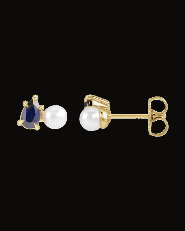 Lab-Grown Blue Sapphire And Cultured White Akoya Pearl Earrings — 14K Yellow Gold