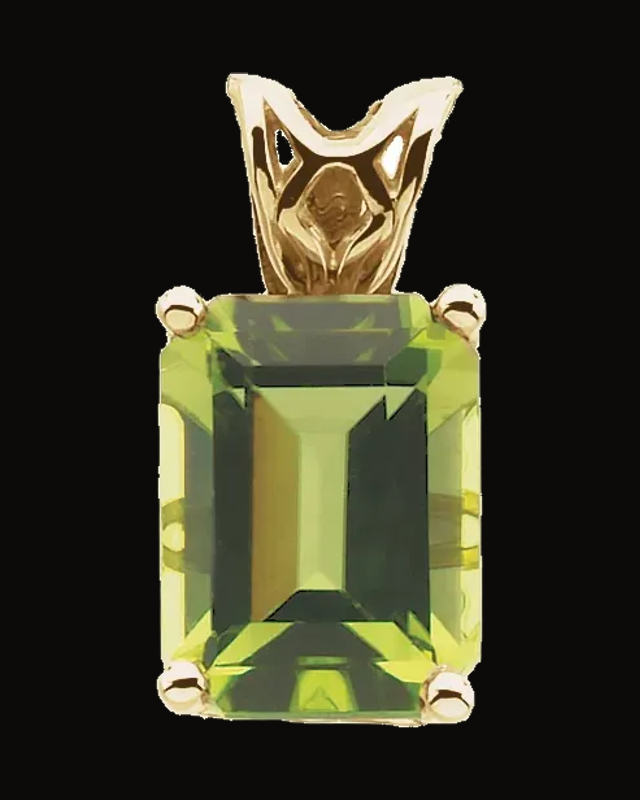 Natural Peridot Scroll Setting Pendant — 14K Yellow Gold · 8 x 6 mm