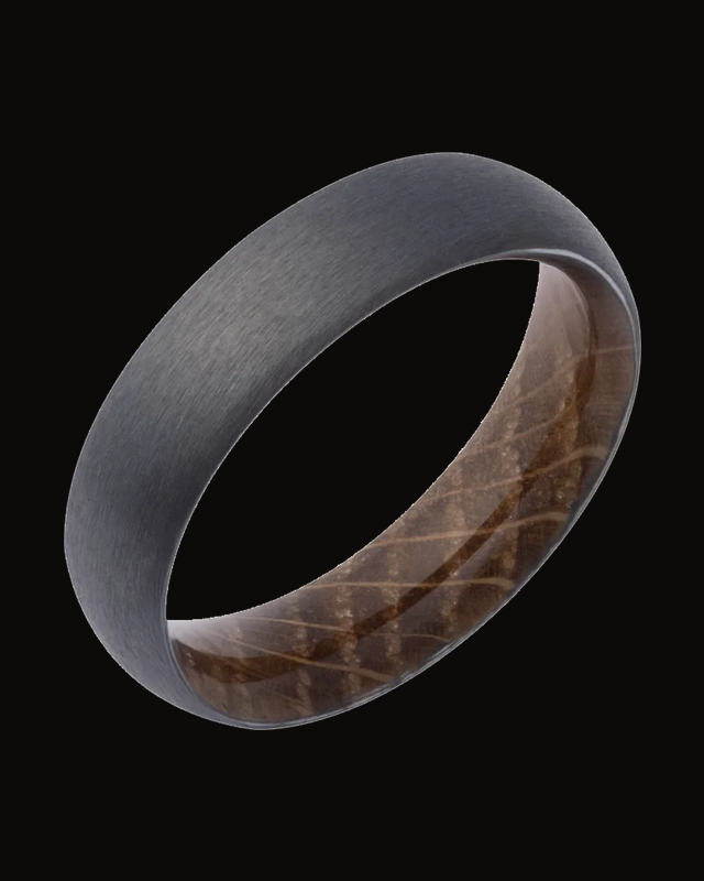 Half-Round Comfort-Fit Band With Whiskey Barrel Wood Interior Sleeve — Black Zirconium · 6 mm