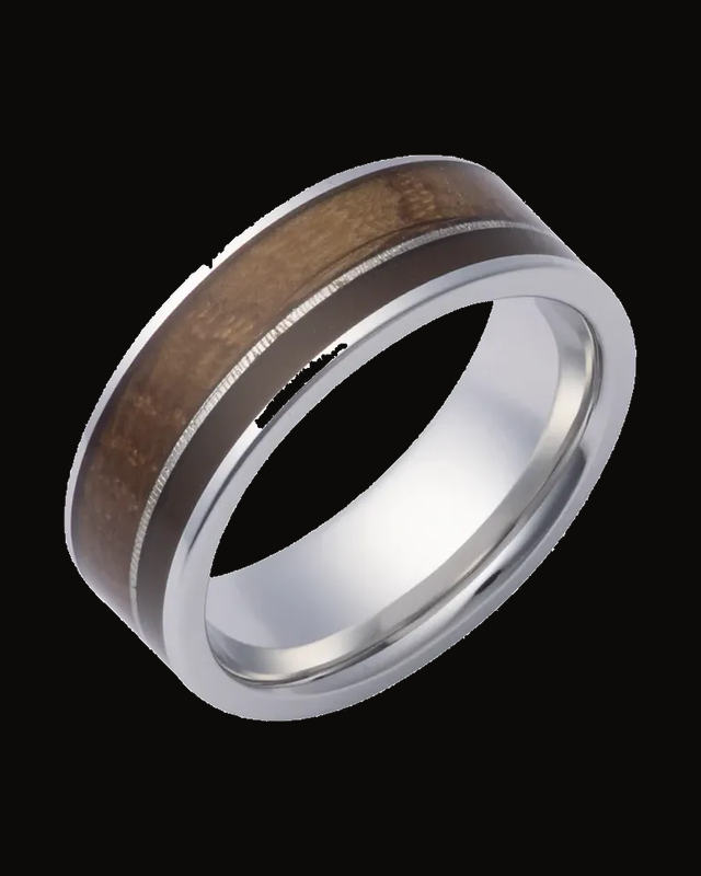 Whiskey Barrel Wood, Stippled Cobalt & Brown Epoxy Inlay Comfort-Fit Flat Band — 8 mm · Size 10