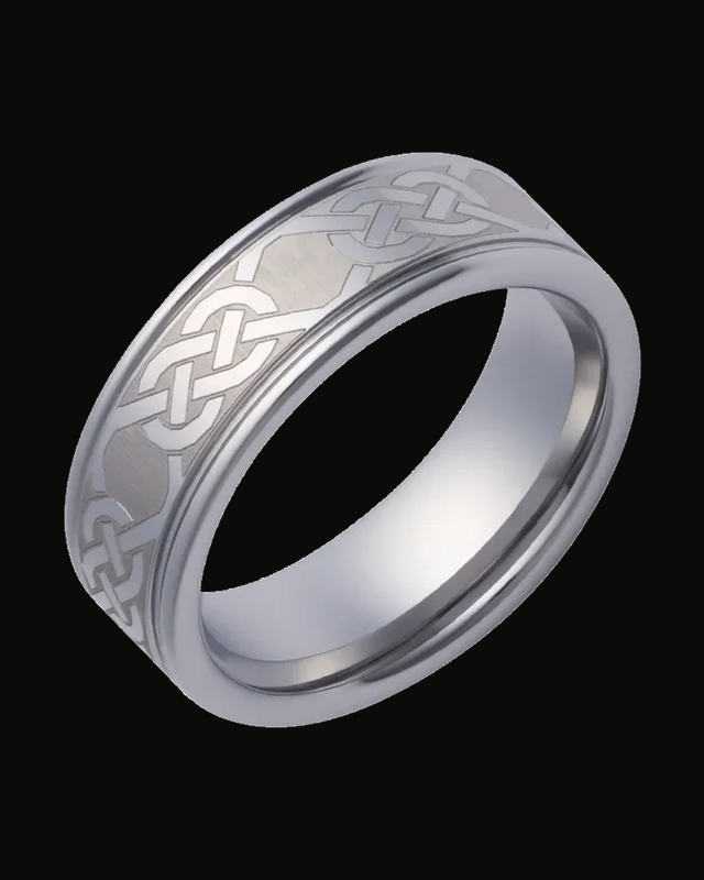 Grooved Edge Comfort-Fit Band With Satin Finish And Cletic Knot Exterior Engraving — Tungsten