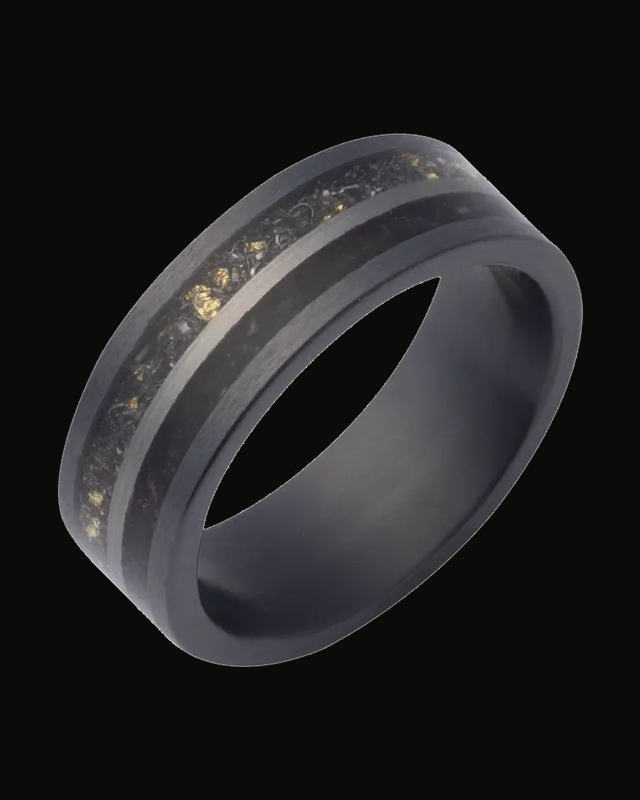 Crushed Megalodon, Meteorite & Yellow Gold Inlay Comfort-Fit Flat Band — Black Zirconium · 8 mm · Size 11