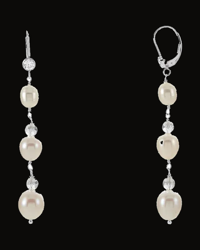 Cultured White Freshwater Pearl And Crystal Earrings — Sterling Silver