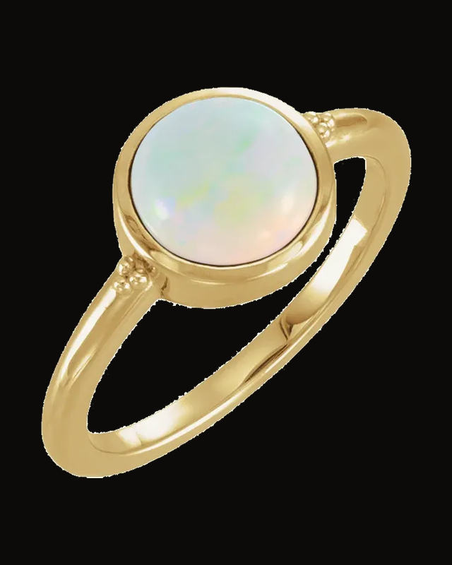 Lab-Grown White Opal Cabochon Ring — 14K Yellow Gold · 1.8 mm
