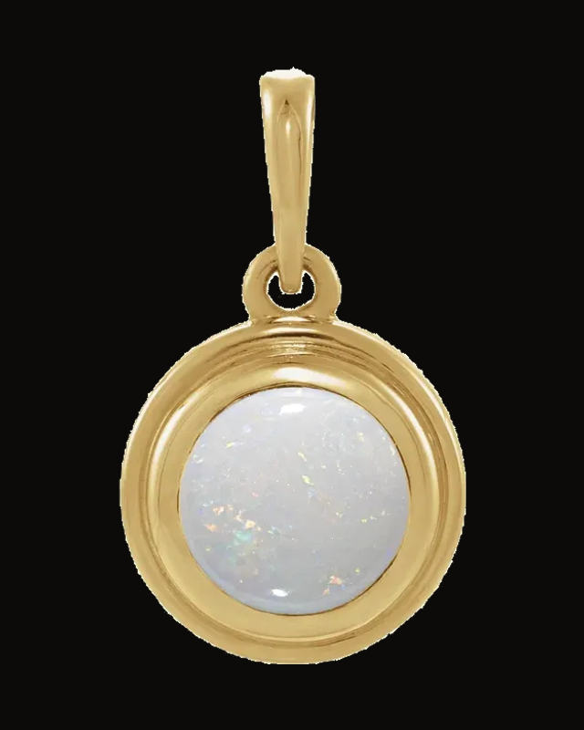 Round Lab-Grown White Opal Cabochon Pendant — 14K Yellow Gold · 6 mm