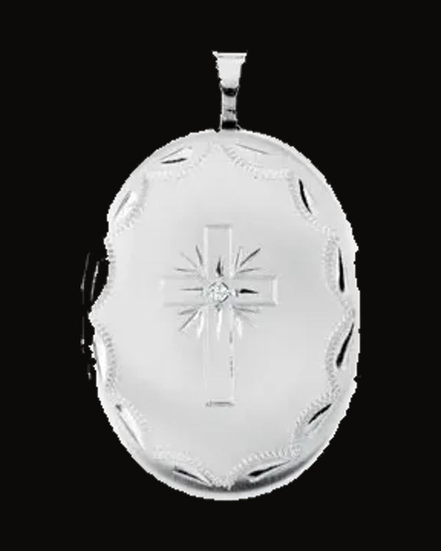 Natural Diamond Oval Cross Locket — Rhodium-Plated on Sterling Silver · 0.015 CT