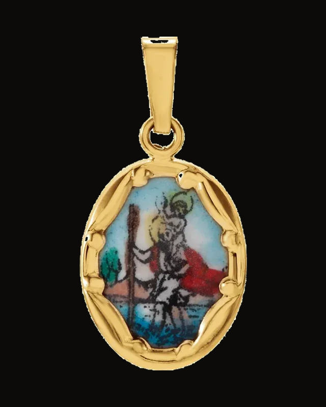 Hand Painted St. Christopher Porcelain Pendant — 14K Yellow Gold