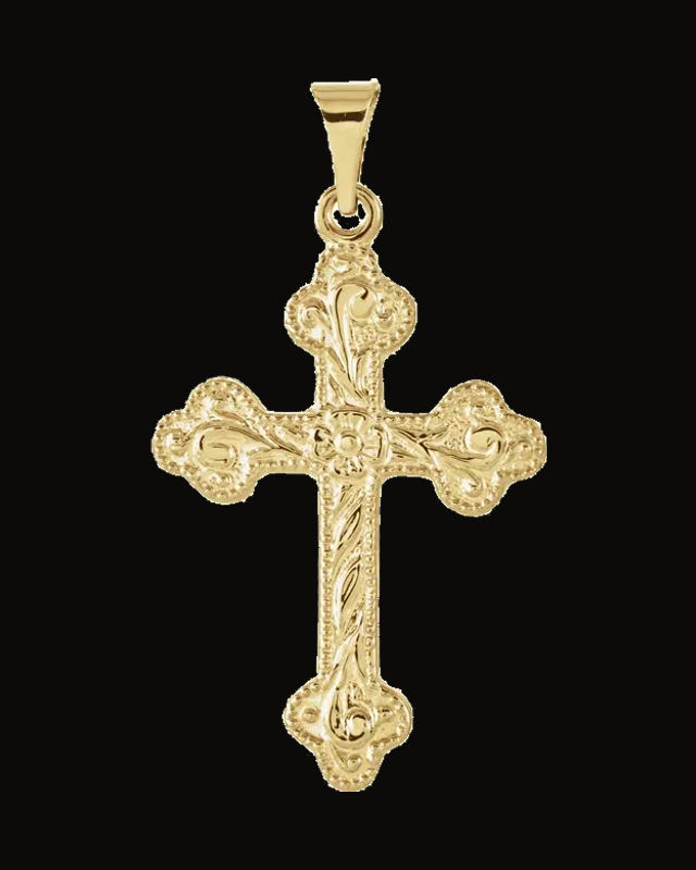 Floral-Inspired Cross Pendant — 14K Yellow Gold