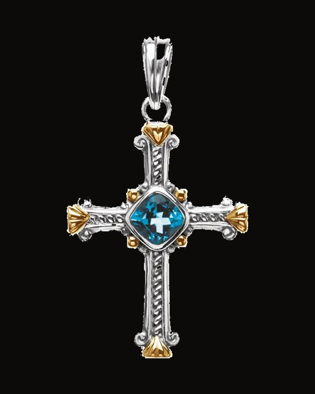 Natural Swiss Blue Topaz Cross Pendant — 14K Yellow Gold · 7 mm