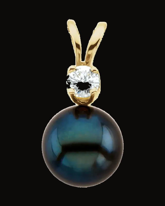 Cultured Black Akoya Pearl And 1/10 CTW Natural Diamond Pendant — 14K Yellow Gold