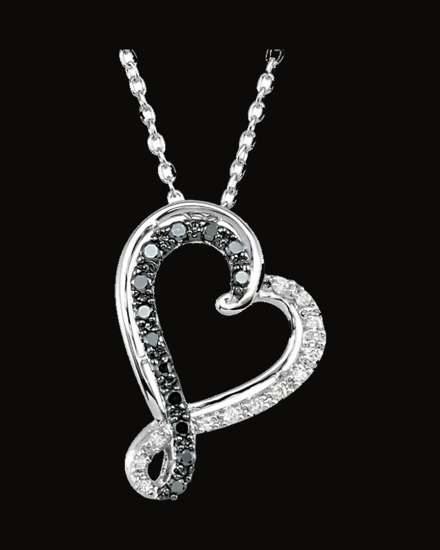 1/5 CTW Black And White Natural Diamond Heart Necklace — Rhodium-Plated on Sterling Silver