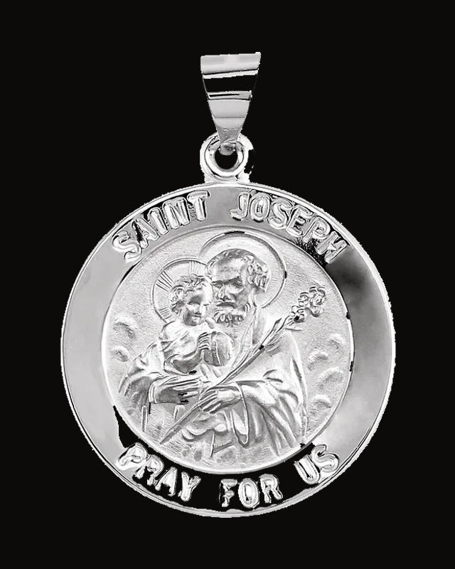 Round Hollow Jospeh Medal — Rhodium-Plated on 14K White Gold