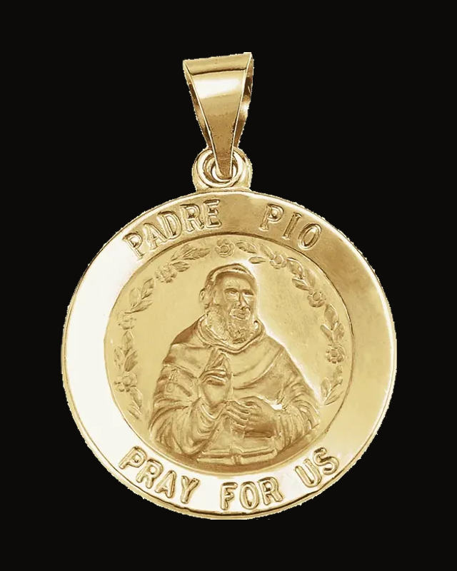 Round Hollow Padre Pio Medal — 14K Yellow Gold
