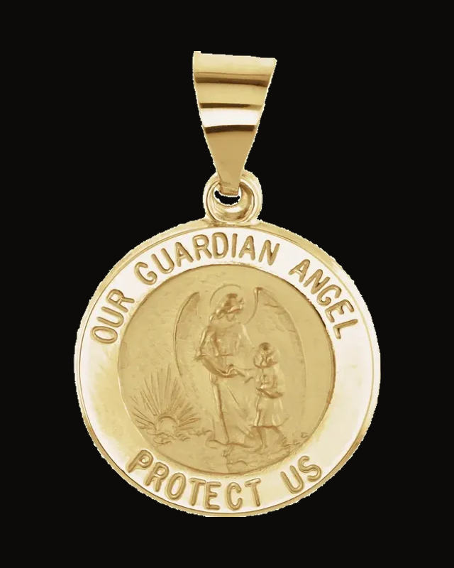 Round Hollow Guardian Angel Medal — 14K Yellow Gold
