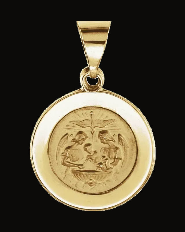 Round Hollow Baptismal Medal — 14K Yellow Gold