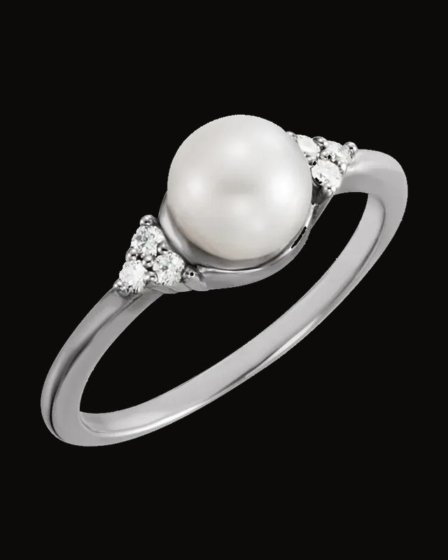 Cultured White Freshwater Pearl And 0.09 CTW Natural Diamond Ring — Rhodium-Plated on 14K White Gold · 1.55 mm