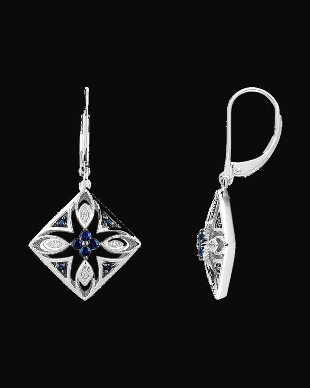 Natural Blue Sapphire And 0.04 CTW Natural Diamond Earrings — Sterling Silver