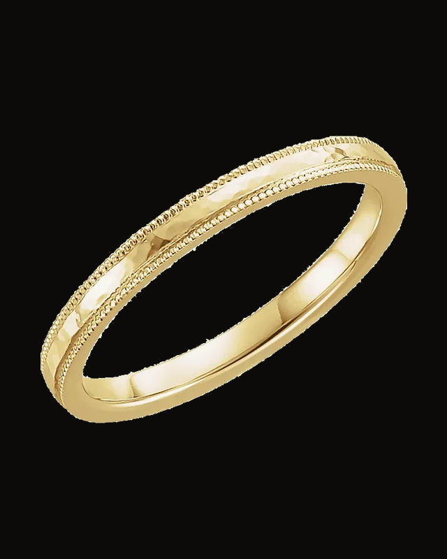 Milgrain Edge Comfort-Fit Flat Band with Hammer Finish — 14K Yellow Gold · 2 mm