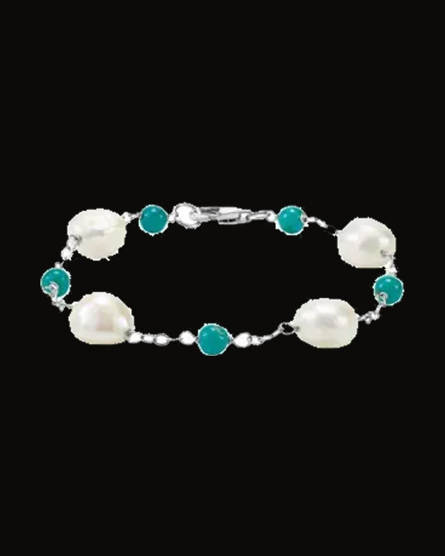 Cultured White Freshwater Pearl And Natural Turquoise Bracelet — Sterling Silver · Cultured Freshwater Pearl