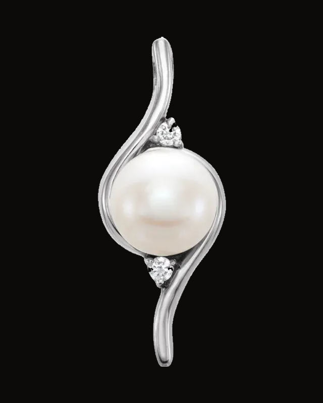 Cultured White Freshwater Pearl And 0.03 CTW Natural Diamond Pendant — Rhodium-Plated on 14K White Gold