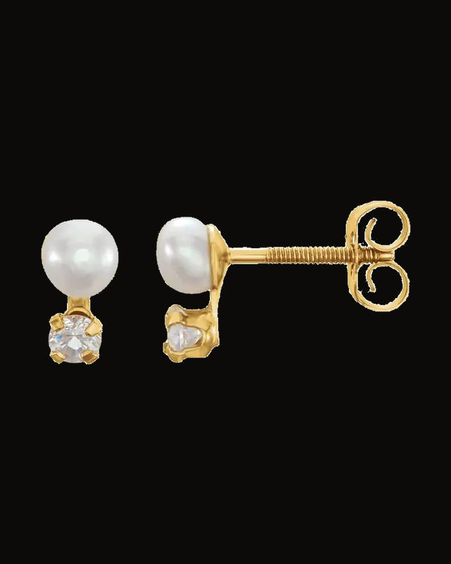 Youth Button Pearl And Cz Earrings — 14K Yellow Gold · 3.5 mm