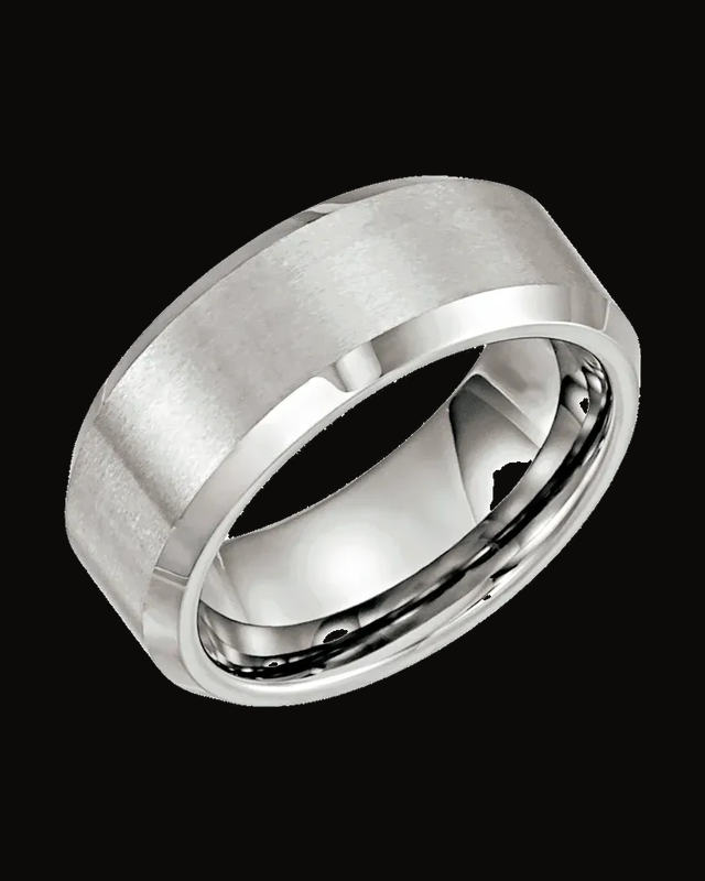 Beveled-Edge Comfort-Fit Band with Satin Finish — Tungsten / White Tungsten · 8 mm