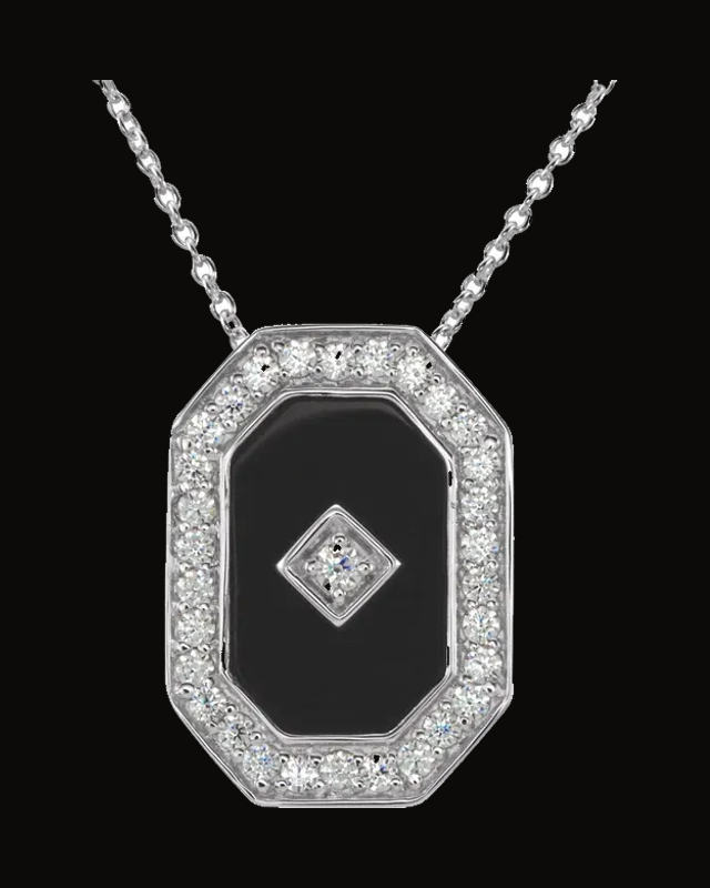 Natural Onyx And Cz Necklace — Sterling Silver · 13 x 9 mm