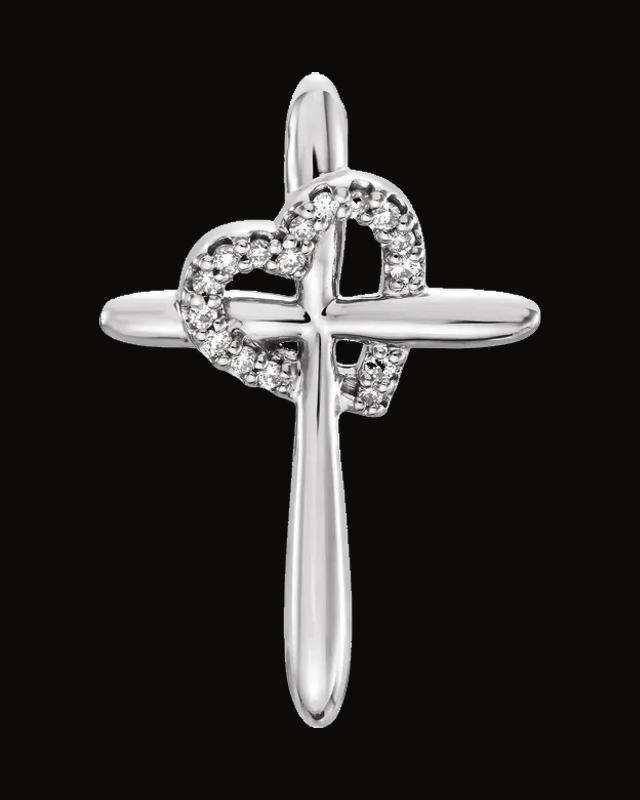 0.04 CTW Natural Diamond Cross With Heart Pendant — Rhodium-Plated on 14K White Gold