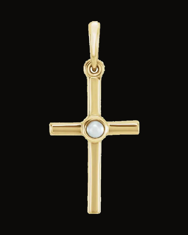 Cultured White Freshwater Pearl Cross Pendant — 14K Yellow Gold · 2 mm