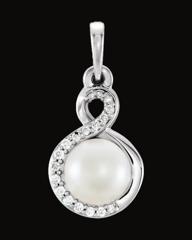 Cultured White Freshwater Pearl And 0.07 CTW Natural Diamond Pendant — Rhodium-Plated on 14K White Gold
