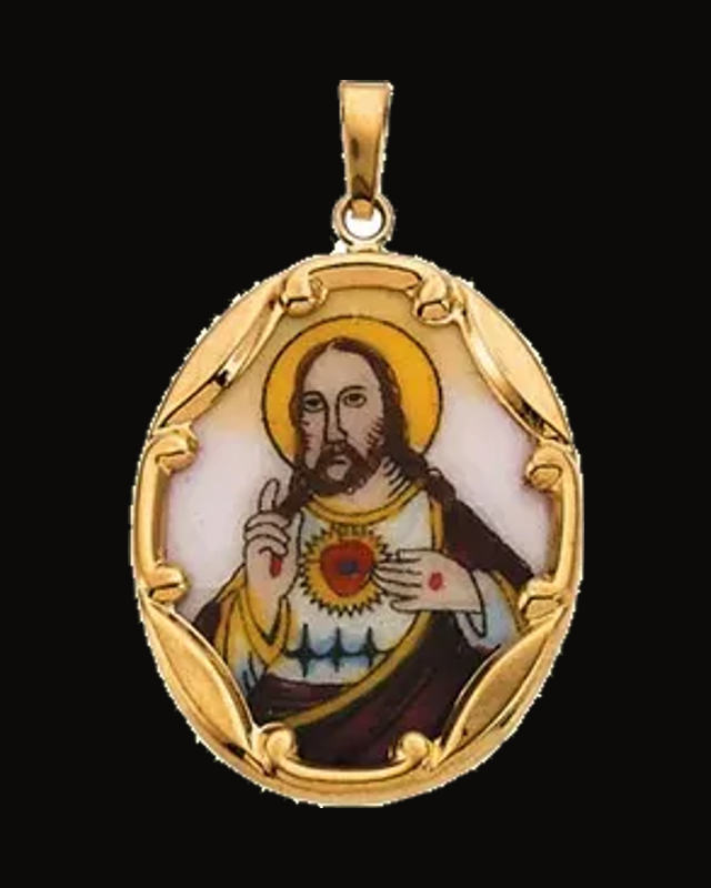 Hand Painted Sacred Heart of Jesus Porcelain Pendant — 14K Yellow Gold