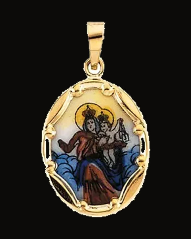 Hand Painted Scapular Porcelain Medal — 14K Yellow Gold