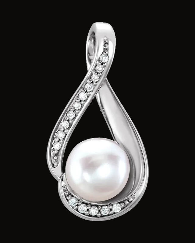 Cultured White Freshwater Pearl And 0.03 CTW Natural Diamond Pendant — Rhodium-Plated on 14K White Gold