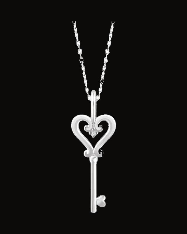 0.006 Ct Natural Diamond Key Necklace — Rhodium-Plated on Sterling Silver