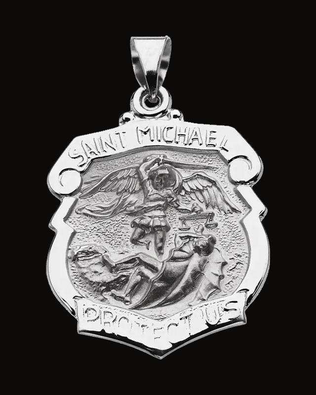 Hollow St. Michael Shield Medal — 14K Yellow / White Gold