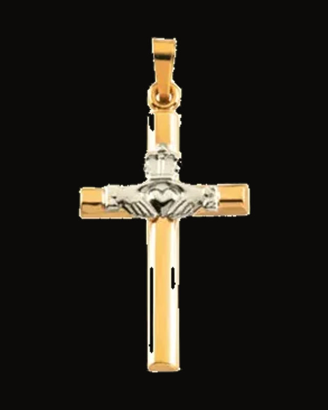 Hollow Claddagh Cross Pendant — Rhodium-Plated on 14K Yellow & White Gold