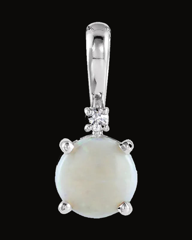 Natural Opal And 0.015 Ct Natural Diamond Pendant — Rhodium-Plated on 14K White Gold
