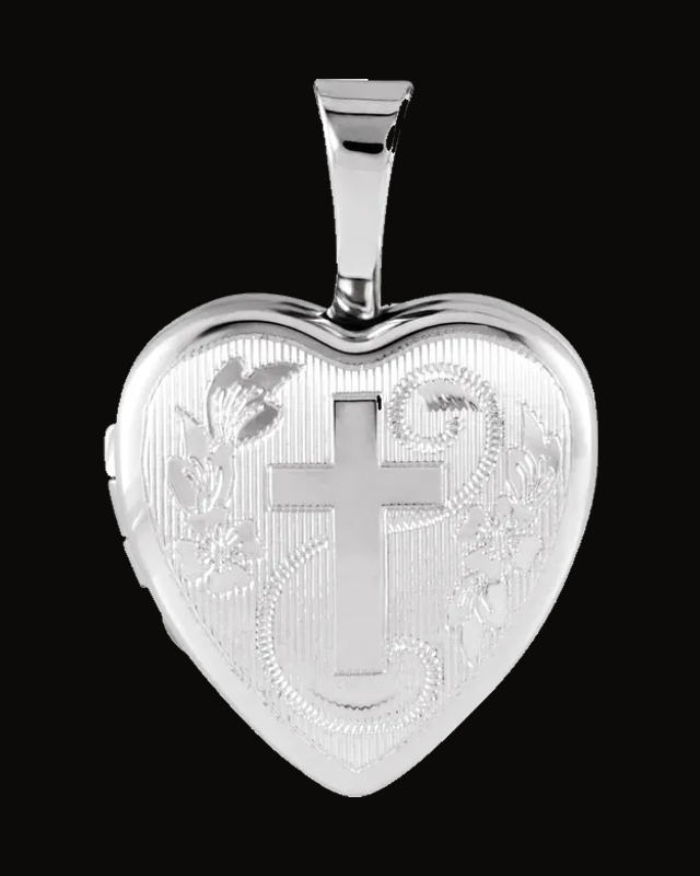 Heart Locket With Cross — Rhodium-Plated on Sterling Silver