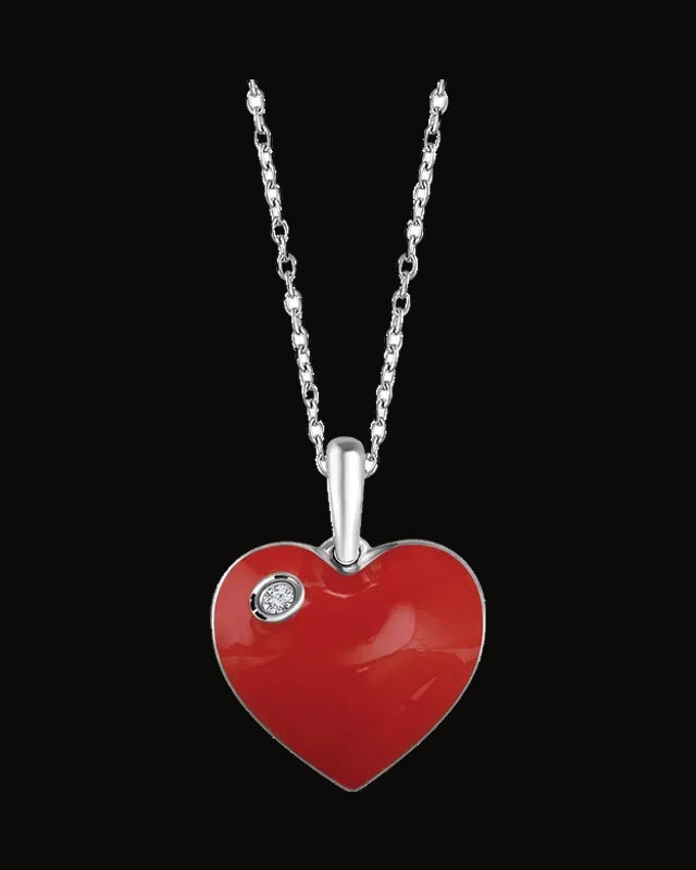 0.02 Ct Natural Diamond Red Enamel Heart Necklace — Rhodium-Plated on Sterling Silver