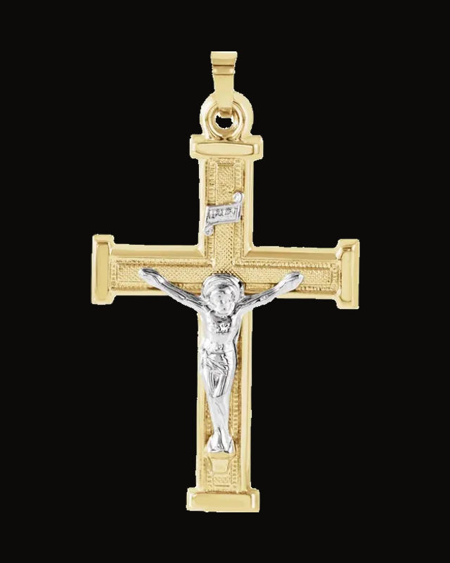 Hollow Crucifix Pendant — Rhodium-Plated on 14K Yellow & White Gold