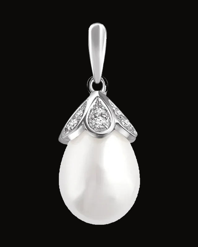 Cultured White Freshwater Pearl And 1/8 CTW Natural Diamond Pendant — Rhodium-Plated on 14K White Gold