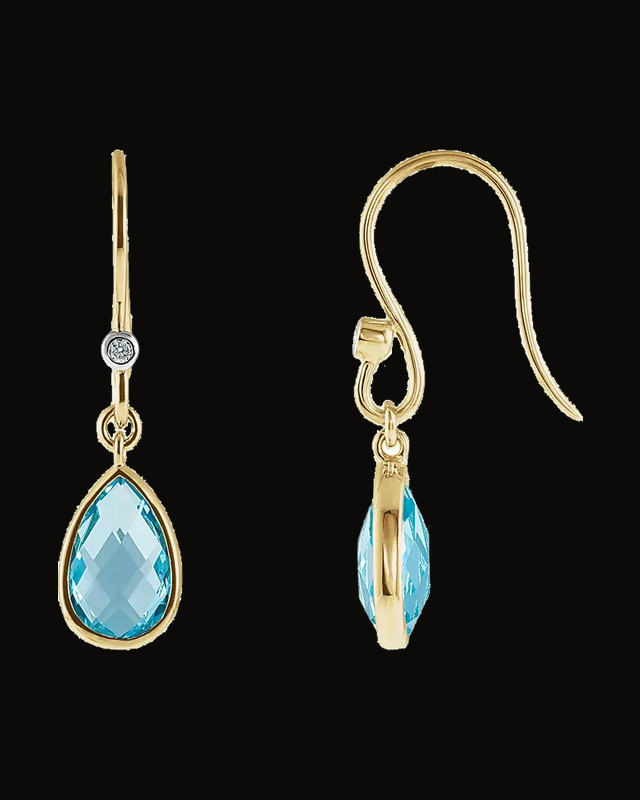 Natural Swiss Blue Topaz And 0.02 CTW Natural Diamond Earrings — Rhodium-Plated on 14K Yellow Gold