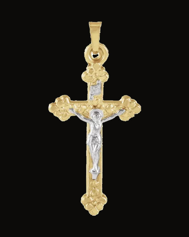 Two Tone Crucifix Pendant — Rhodium-Plated on 14K Yellow & White Gold — Hollow