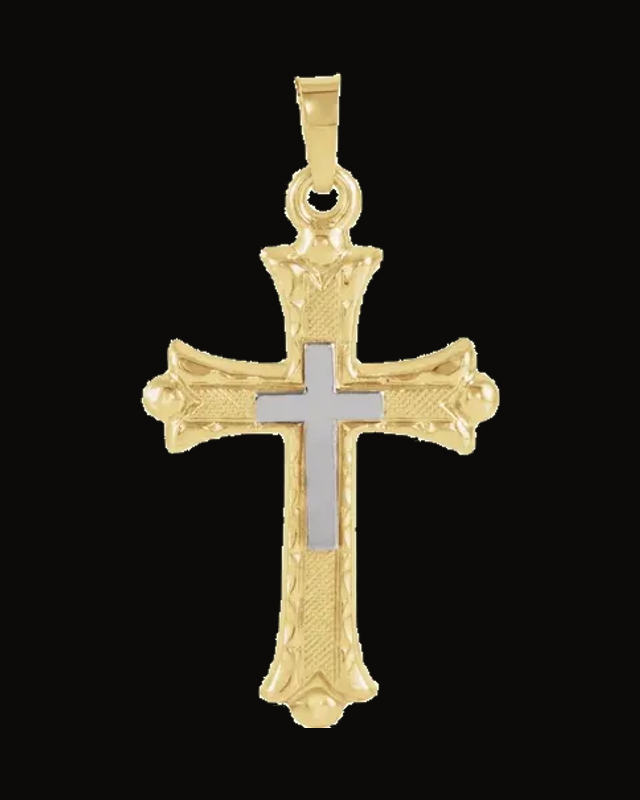 Two Tone Hollow Cross Pendant — 14K Yellow & White Gold