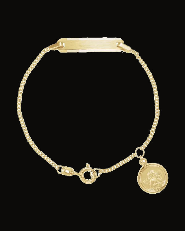 Engravable Youth Identification Bracelet with Angel Charm — 14K Yellow Gold