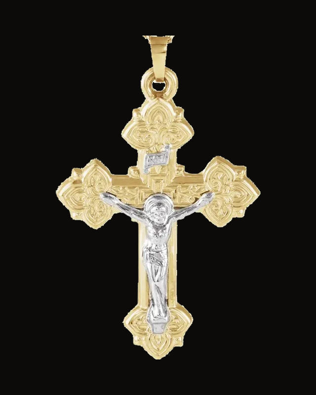Two Tone Crucifix Pendant — Rhodium-Plated on 14K Yellow & White Gold — Hollow