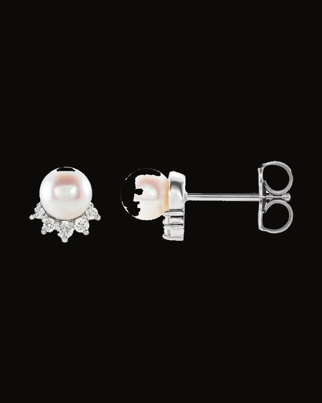 Cultured White Freshwater Pearl And 0.08 CTW Natural Diamond Earrings — 14K White / Rose Gold