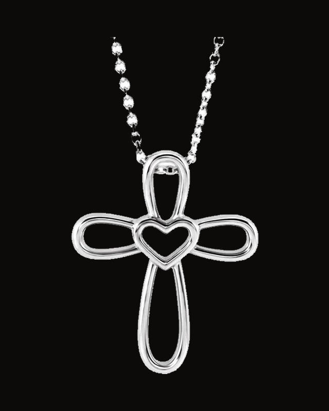 Cross with Heart Necklace or Pendant — Sterling Silver