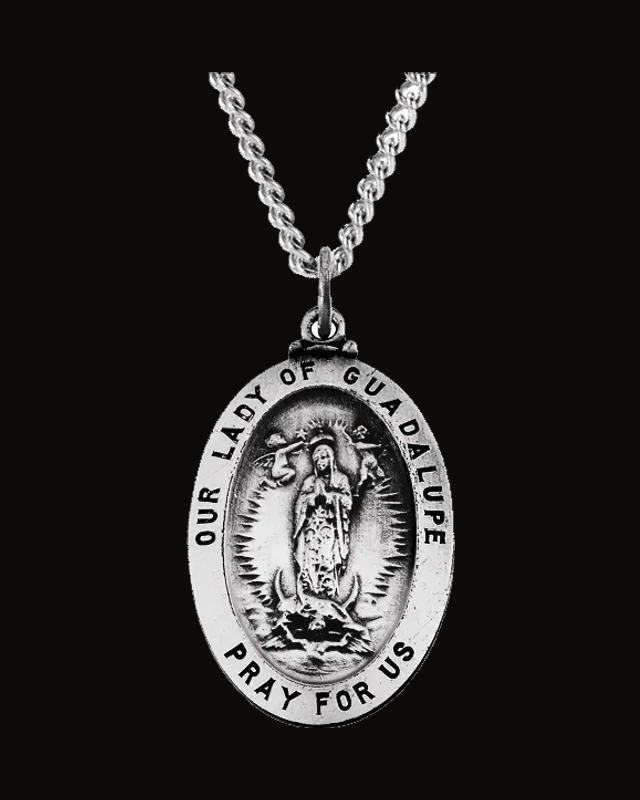 Oval Our Lady Of Guadalupe Medal Necklace — Rhodium-Plated on Sterling Silver